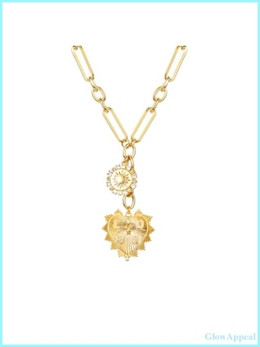 Gold Plated Heart Sun Charm Choker Necklace Zircon Paperclip Chain 16-19"